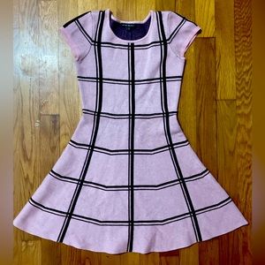 Teenager Dress, light burgundy pink black block lines.